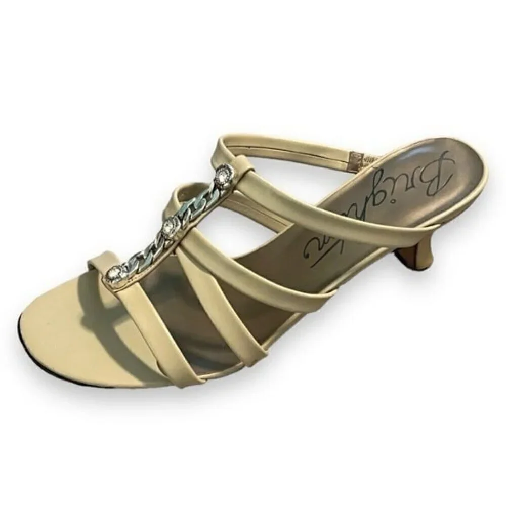 Brighton Shoes Tesoro SwarovskiCrystal Strappy Kitten Heel Sandals Beige Size 8